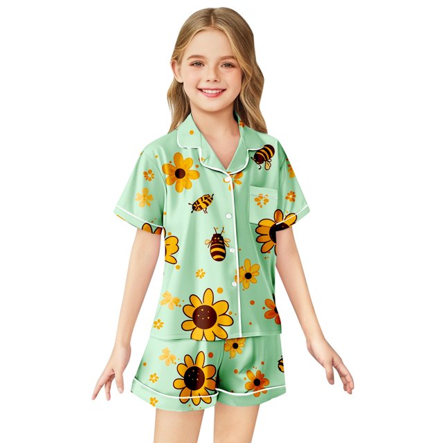 SXcggal Ensemble de Pyjama Imitation Soie Imprimée pour Filles, Manches Courtes, Mignon, Élégant, Léger, Tenues pour Filles