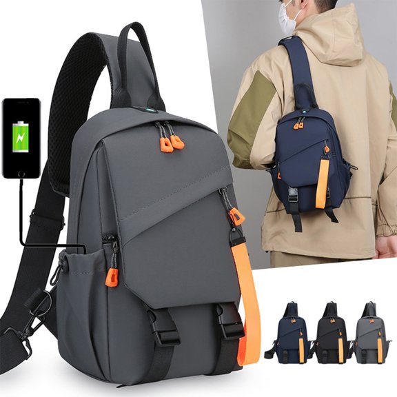 Men's Crossbody Chest Bag with USB Charging Port | Multi Functional Waterproof Sling Backpack | Adjustable Strap Korean Style Casual Shoulder Bag, Black Gray Blue, Lightweight 370g, 12"x7" Travel