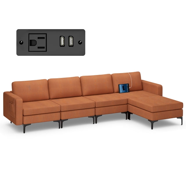 Costway Canapé Sectionnel Modulaire en L avec Méridienne Réversible et 2 Ports USB Orange