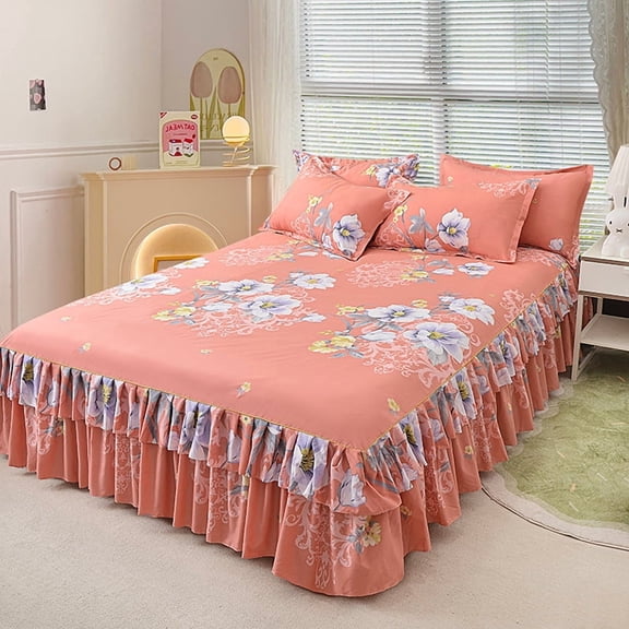 Set of 3 Ruffle Bed Skirts,Floral Print & Double Layer Design,Double Layers Ruffled Bedspread Sheet Set Floral Bed Skirt and Pillow Shams Set