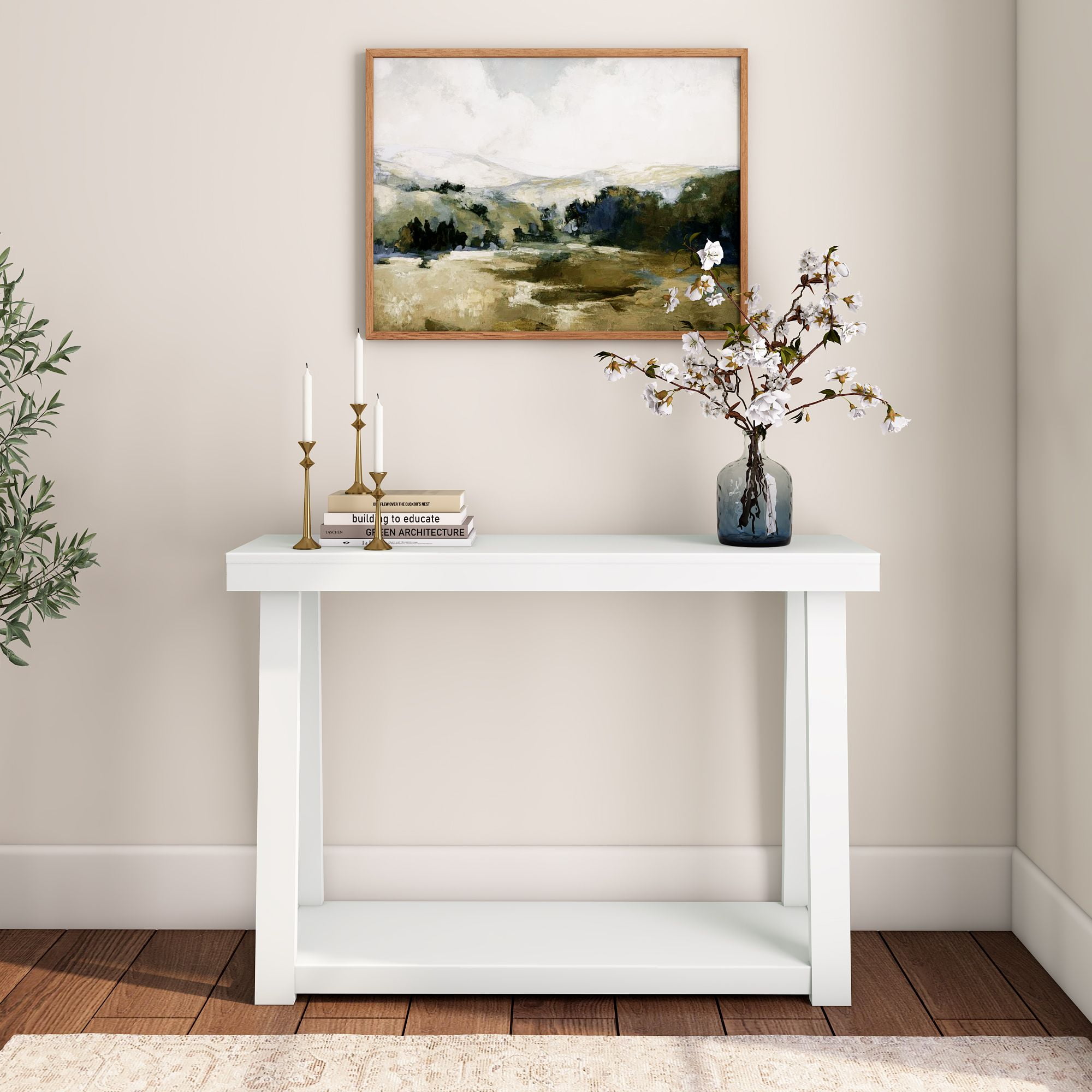 Plank+Beam 46" Solid Wood Console Table with Storage, Sofa Table with Shelf, Narrow Entryway Table for Hallway, White