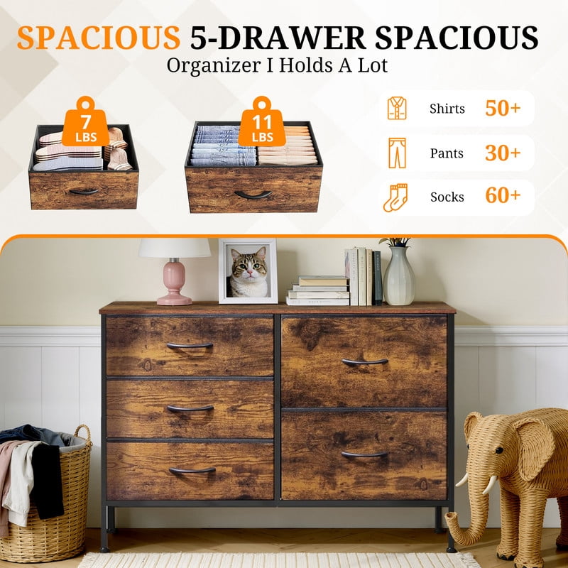 Simenmax 5-Drawer Fabric TV Stand, 39.4-Inch Entertainment Center with Wood Top & Sturdy Metal Frame, Storage Dresser for Bedroom, Living Room, Hallway, Brown