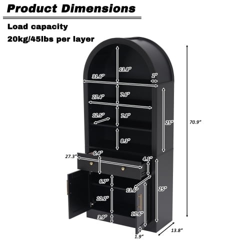 70.90"H Arched Bookshelf with Storage Cabinet, Tall Display Bookcase with Doors, Drawer & Adjustable Shelves, Freestanding Pantry Cabinet for Living Room, Home Office, Bathroom, Black