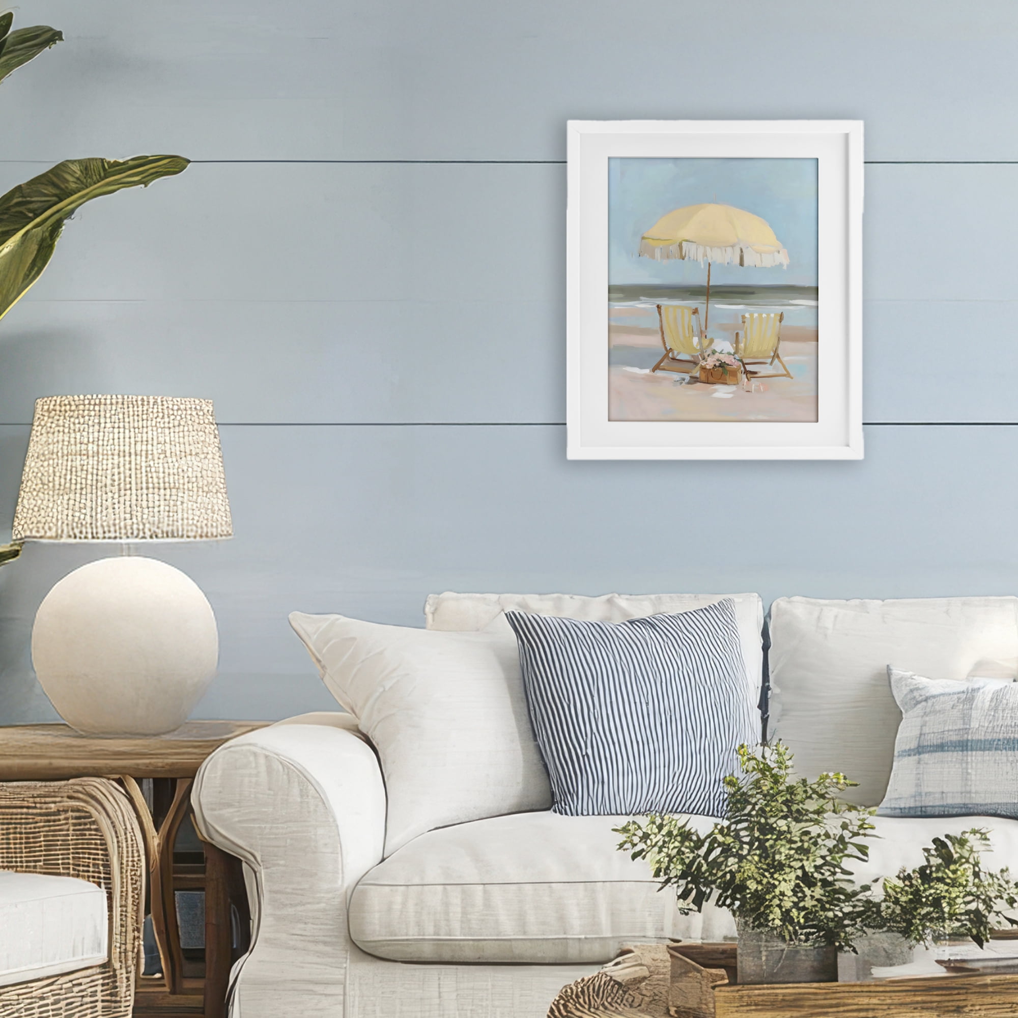 Stupell Industries Yellow Chairs Beach Relaxation White Framed Print Under Glass, design by Sisi and Seb