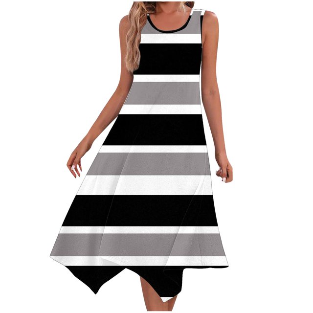 Ladies Summer Tops Impreso sin Mangas Cuello Redondo Vestido Casual para el Uso Diario Y Casual