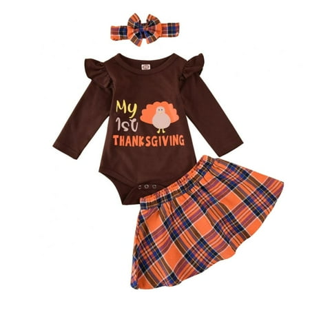 

Newborn Baby Girl Clothes My 1st Thanksgiving Romper Short Skirt Headband 3Pcs Outfits Set