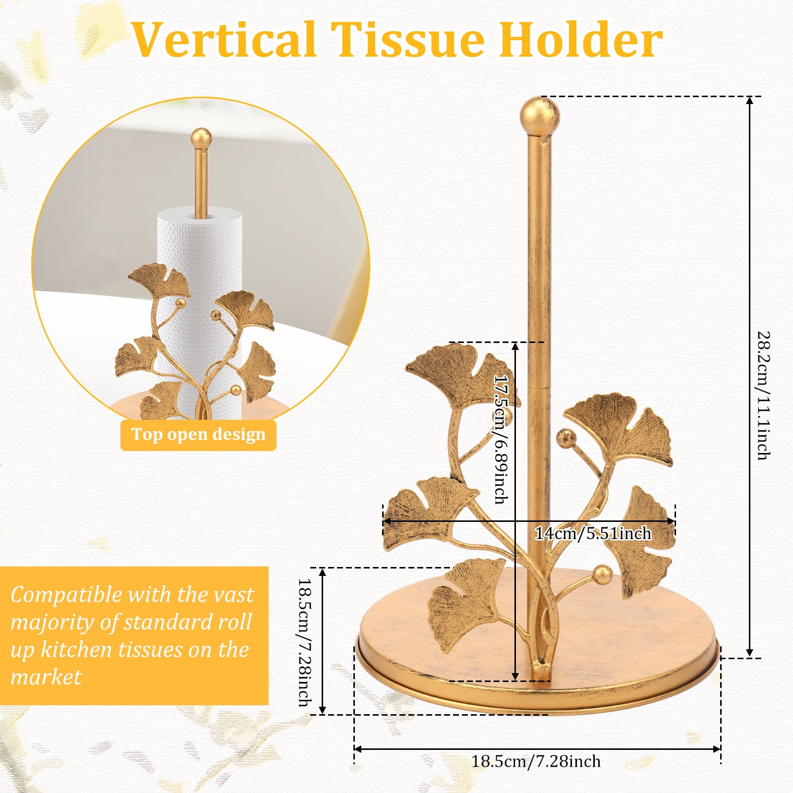 Tzdxfgl Free-Standing Metal Countertop Paper Towel Holder with Non-Slip Base, 11 Inch, Gold Leaves