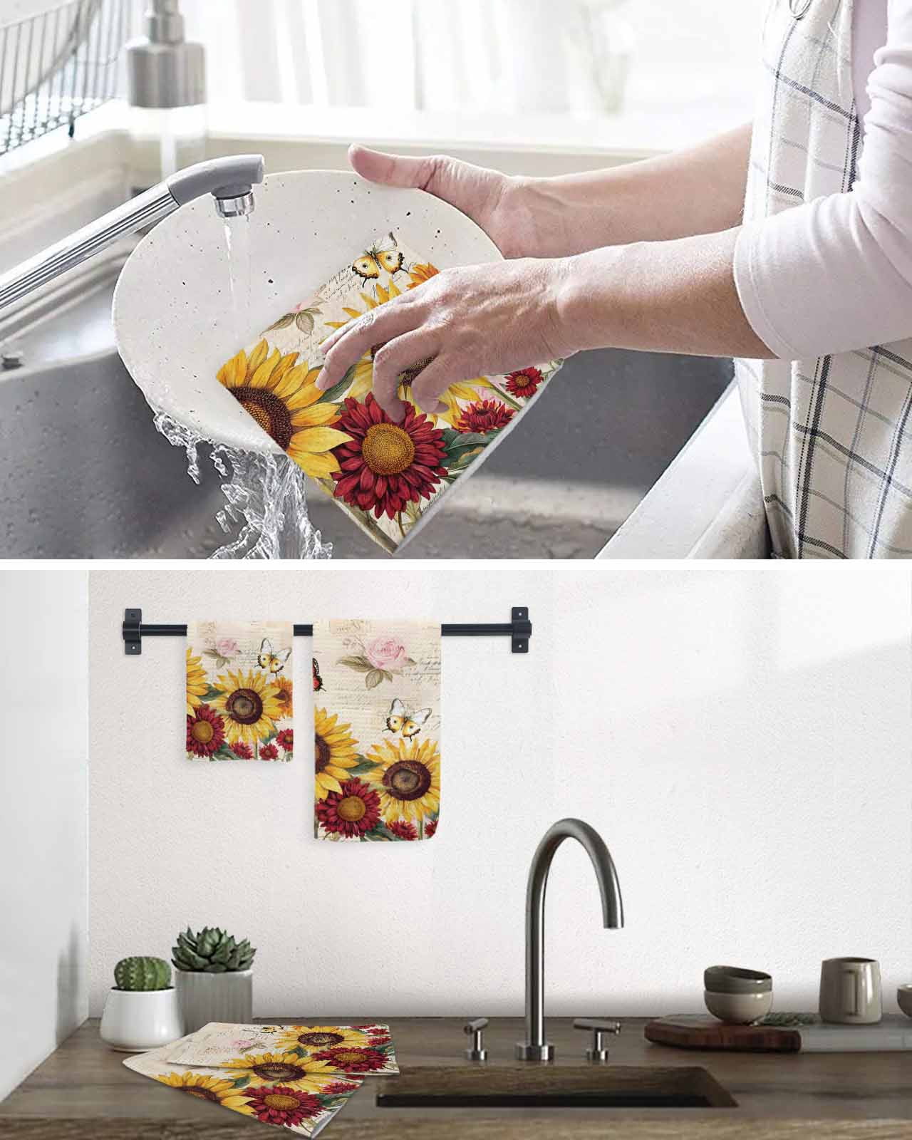 Sunflower Dish Towels Set, Waffle Weave Kitchen Towels 4 Pieces, Farmhouse Rose Floral Vintage Butterfly Microfiber Hair Face Bath Tea Towel Absorbent Quick Drying Cleaning Dish Cloths 12"x12"