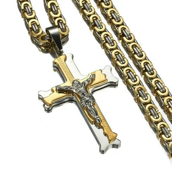 EOEMY Fashion Women Men Cross Crucifix Jesus 6mm Stainless Steel Byzantine Necklace-Silver Gold-28Inch Or 71Cm