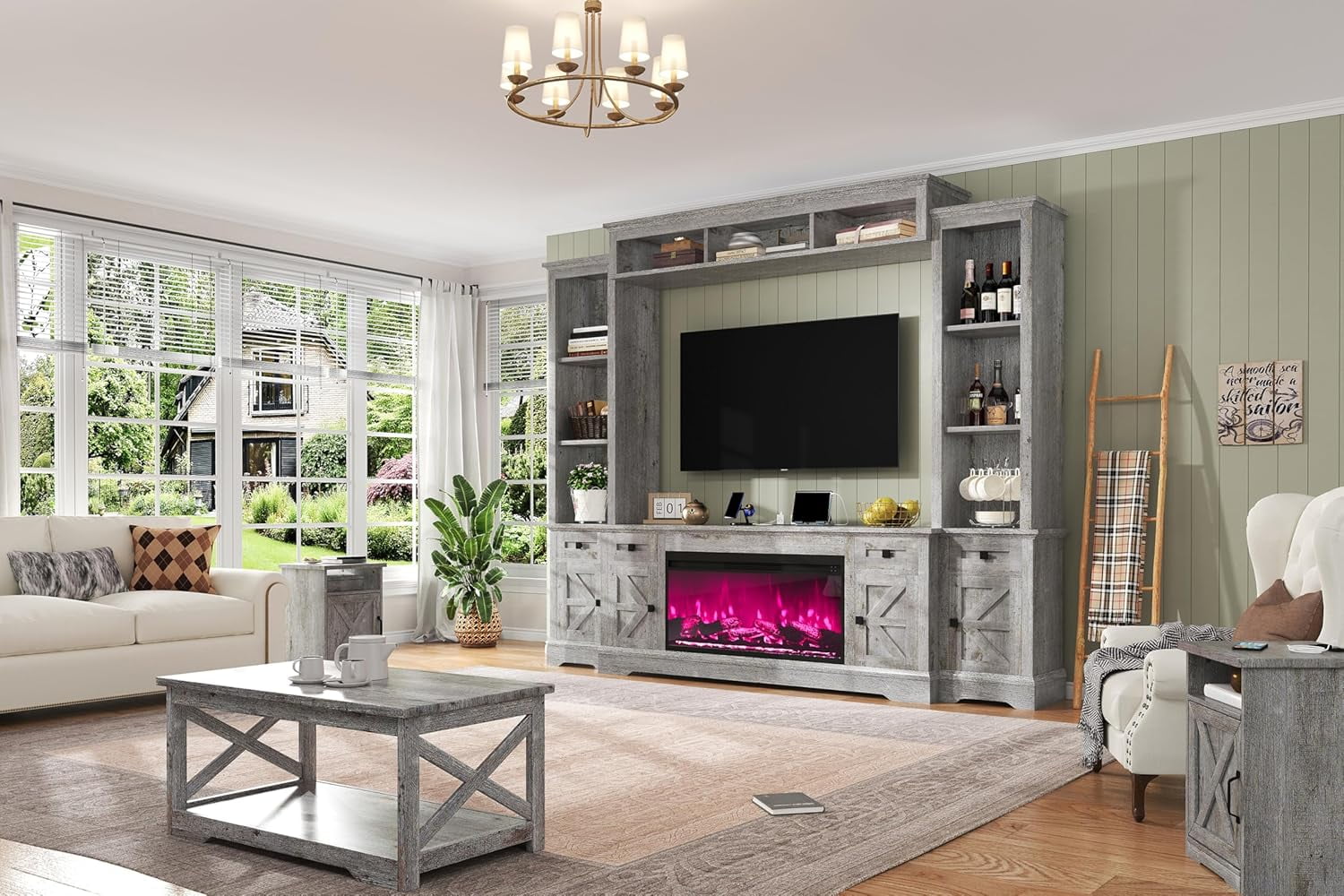 Merluxy Farmhouse TV Stand with Fireplace,Power Outlets,Bookshelves & Wine Cabinet for 78" TVs,Grey