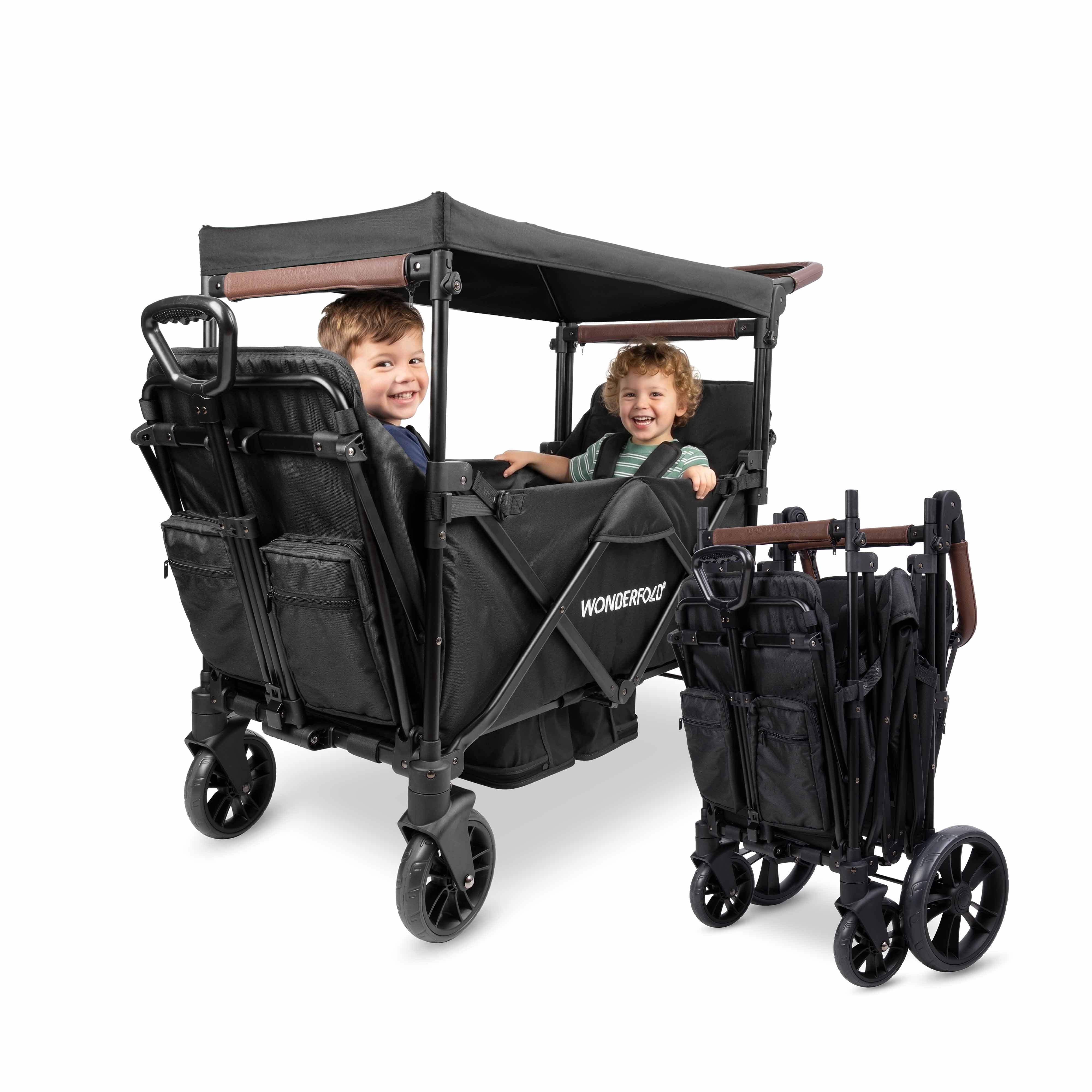 Wonderfold W4 Quad Stroller Wagon with Raised Seats & Adjustable