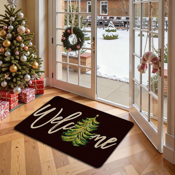 Christmas Door Mat Non-Slip Absorbent - Soft Polyester Reusable Durable Floor Mat for Kitchen Bathroom Entryway Festive Holiday Welcome Mat 23.6x15.7in Black