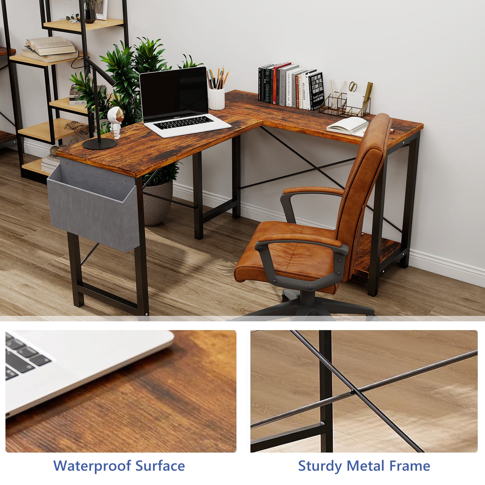L Shaped Desk, 50 inch Reversible Corner Computer Desk with Storage Shelf & Side Bag, Home Office Working Workstation Gaming Table, Brown