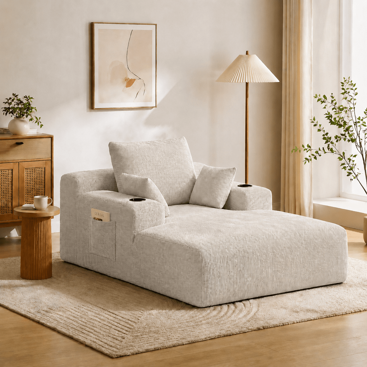 71.65" Corduroy Chaise Lounge Sofa with Cup Holders & Storage Pocket, No Assembly, Oversized Deep Seat with Pillows, Beige