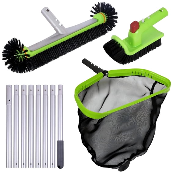 Swimming Pool Cleaning Kit with 10.5FT Telescopic Pole, Heavy Duty Pool Net with Inclined Lip, 17.5" Round Corner Brush, and 90° Rotatable Scrub Brush for Above Ground & Inground Pools