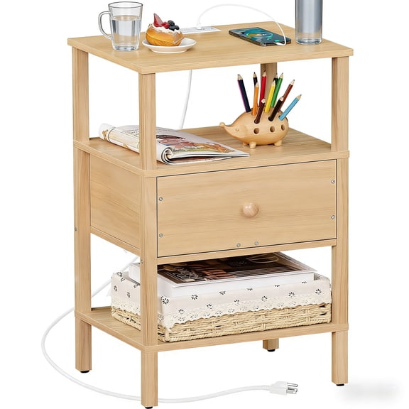 Buildhom Nightstand with Charging Station & USB Ports, 3-Tier Wood End Table with Drawer Shelf for Adult Small Spaces, Living Room, Wood