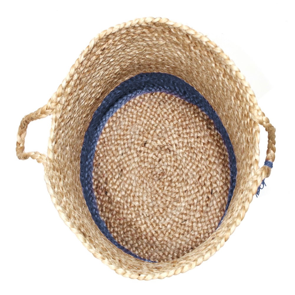 LR Home Woven Round Jute 17" Storage Basket with Handles, Indigo Stripe