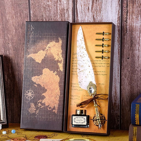 Vintage Quill Pen and Glass Dip Pen Set with Ink, 15ml Black Ink and 5 Replacement Nibs, Feather Calligraphy Pen for Writing Letter Opening