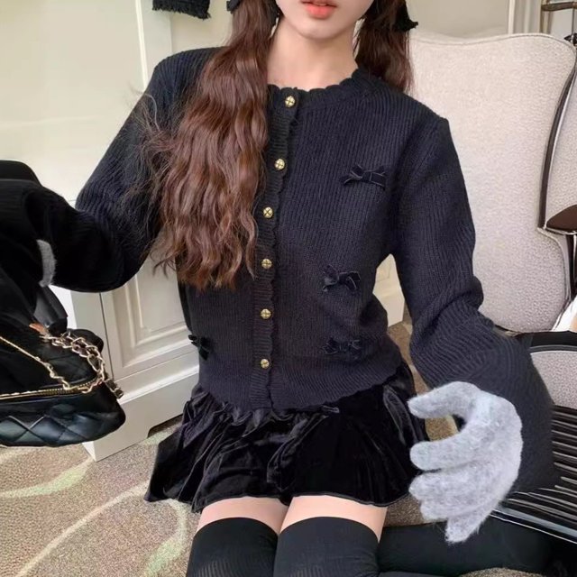 Chaqueta tipo cárdigan de punto para mujer, estilo coreano, elegante, de otoño e invierno, con temperamento de nicho, cuello redondo, decoración de lazo, holgada y versátil