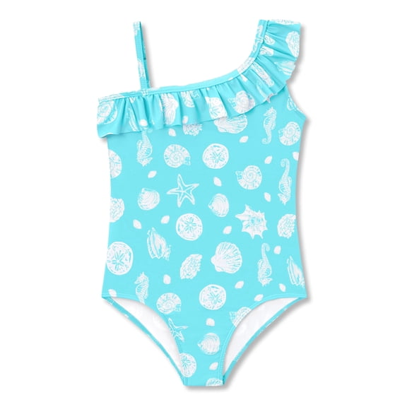 Serdomi Little Girls Blue Coral & Seashell Print One-Piece Swimsuit Asymmetrical Ruffle Bathing Suit Size 5/6