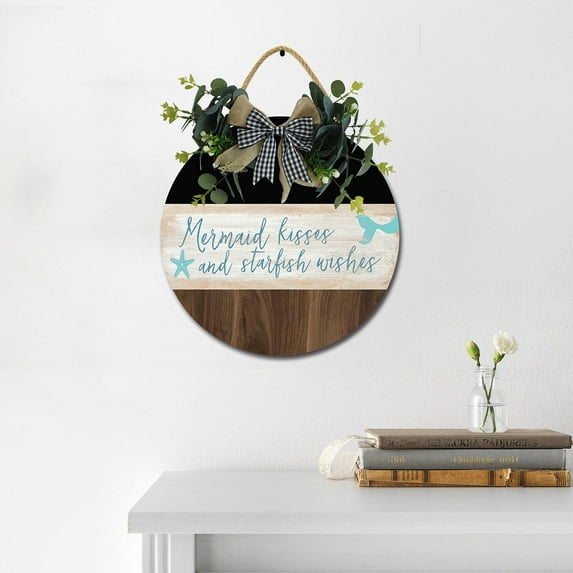 Eveokoki Mermaid Kisses Wooden Front Door Sign Rustic Round Wreath Wall Hanger Porch Decor Spring and Summer Farmhouse Decoration Housewarming Gift 12 Inches