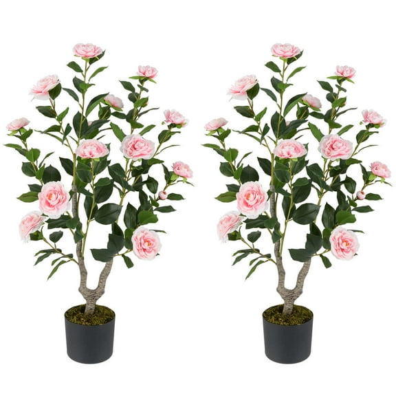 Costway 2 PCS 36" Artificial Camellia Tree Fake Potted Tree Greenery Floral Plant Modern Pink