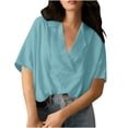 thumbnail image 3 of Avtoify Women's Solid Color Summer Lapel Short Sleeve Shirt Loose Casual Top, 3 of 10