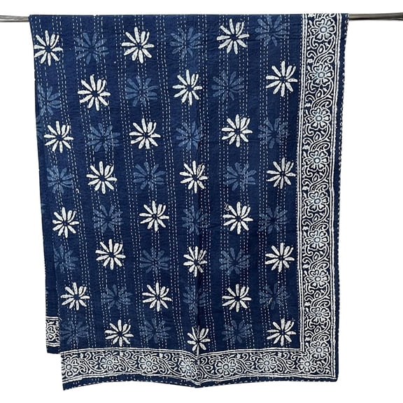 Indian Handmade Cotton Kantha Quilt Throw Blanket Bespread Indigo Blue Home decor kantha quilt