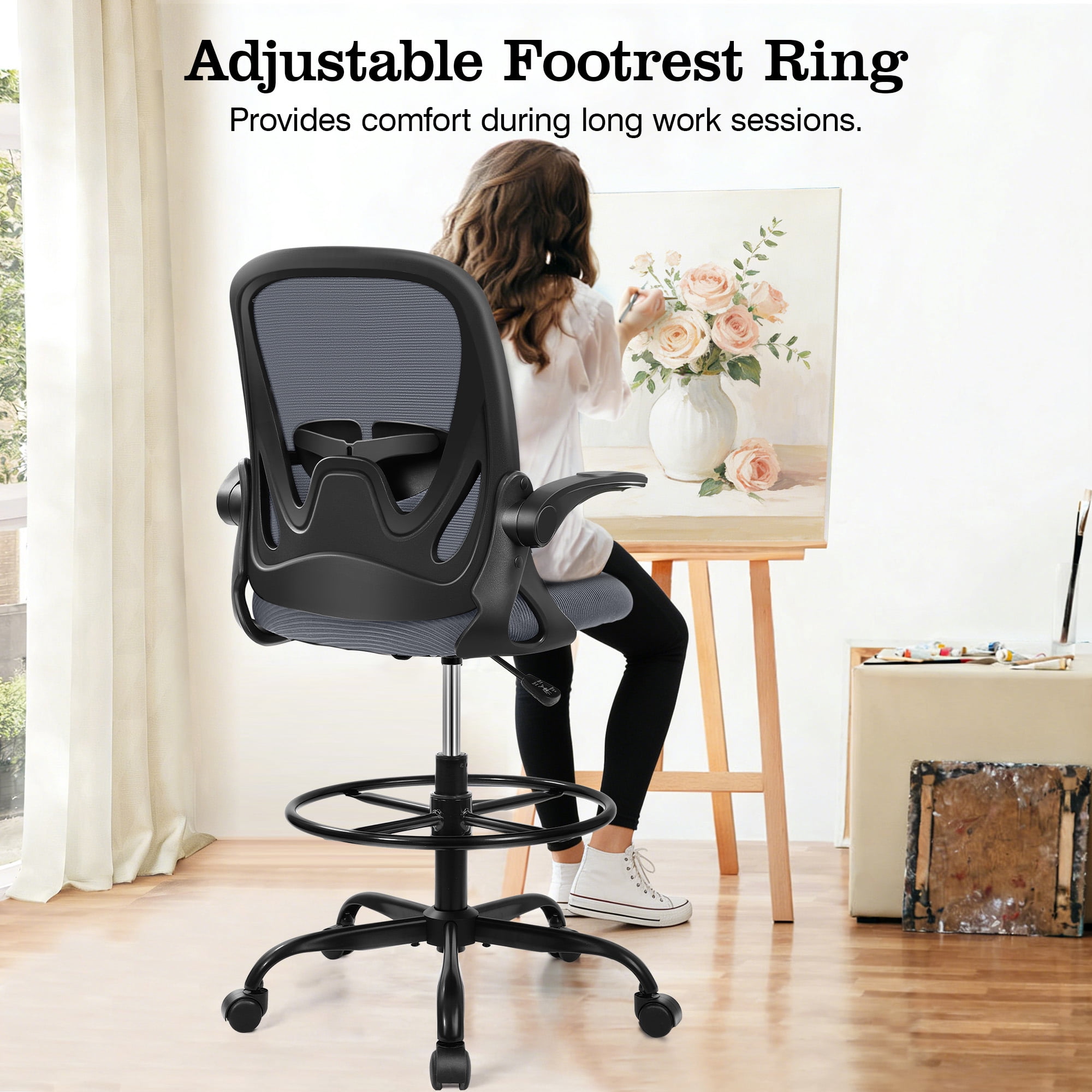 COOLHUT Tall Office Chair 400lbs with Footrest Ring, Standing Desk Chair with Flip-up Armrests, Adjustable Swivel Rolling Mesh Standing Desk Stool with Lumbar Support for Adults, Dark Gray