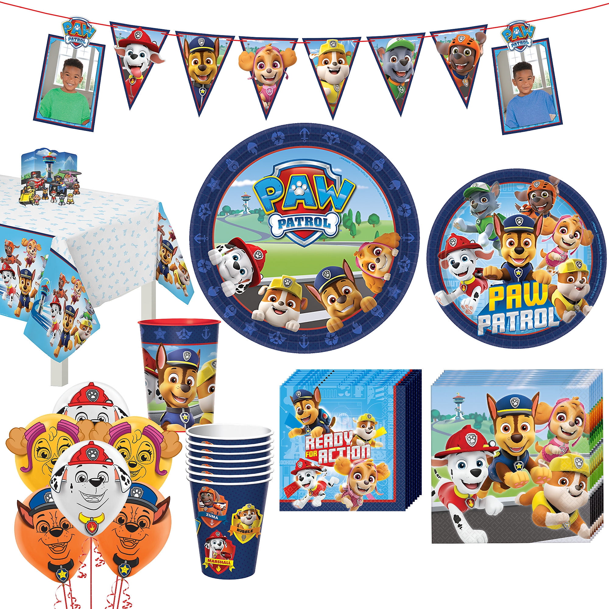 Tattoos Cups Banner Decoration Table Cover Dinner and Cake Plates Napkins Paw Patrol Theme Birthday Party Supplies Set Candles Button Serves 8 