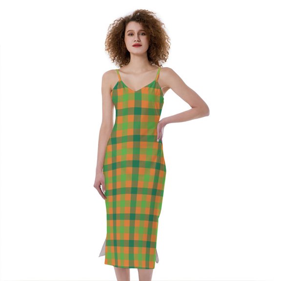 Shamrock Plaid Saint Patrick'S Day Print Slim Fit Midi Cami Dress, Irish St. Patrick'S Day Fashion Summer Maxi Sexy Casual Dress For Women