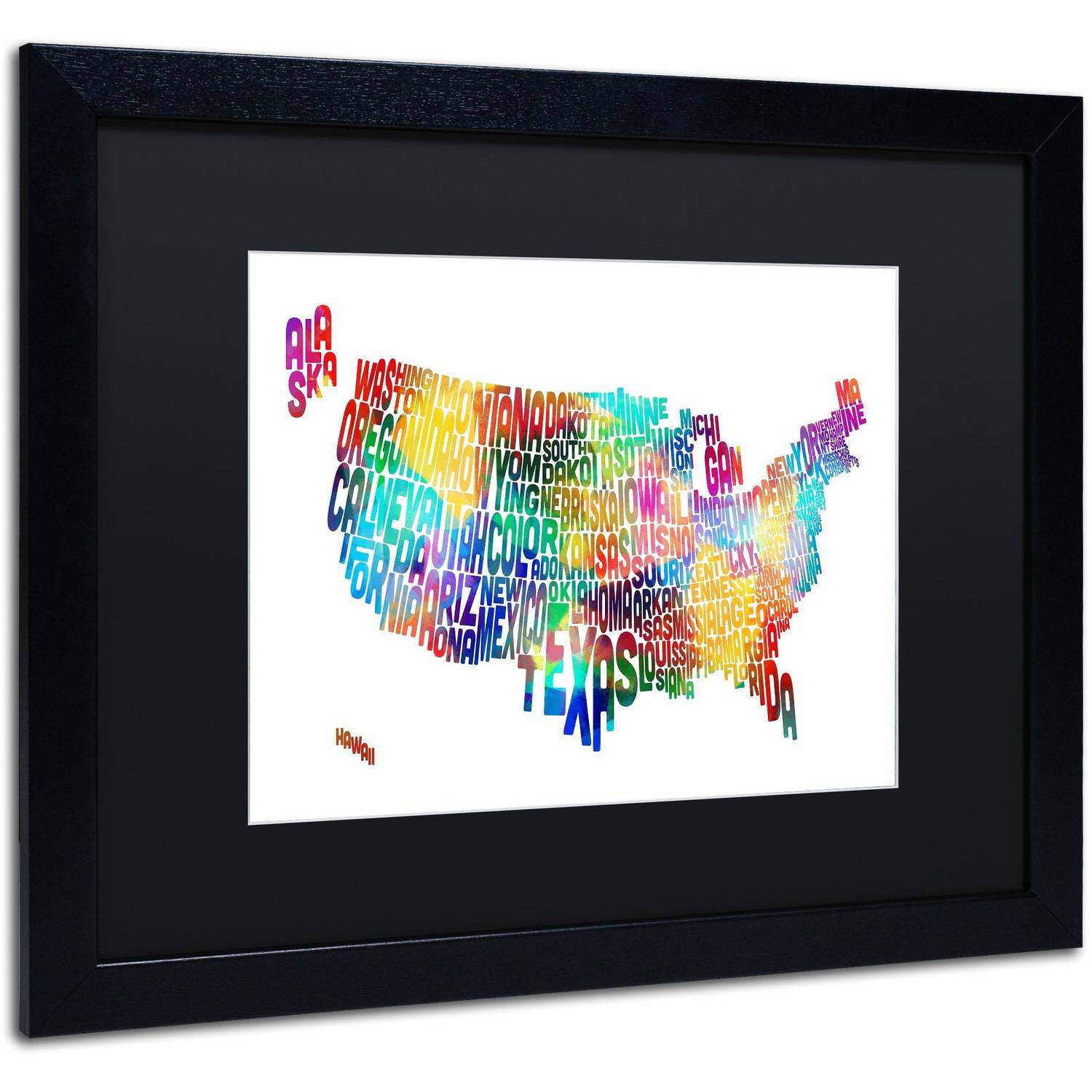 Trademark Fine Art 'United States Typography Map 2' Canvas Art by Michael Tompsett, Black Matte, Black Frame