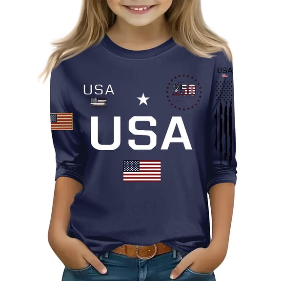 Abcomgle Girls 4th Of July Shirts 2026 USA Flag Graphic Patriotic Tops 3/4 Sleeve Crewneck T Shirt Funny Independent Day T-Shirt,Navy,11-12Years