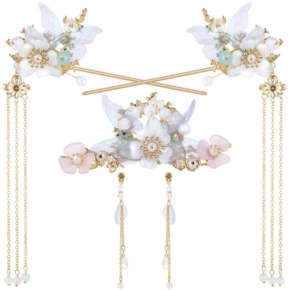 HINZIC 5PCS Bluebell Borlas Horquilla Cristal Rhinestone Perla Clips para el Cabello Tocado Flor Retro Chino Hanfu Boda Novias Accesorios para el Cabello Joyería para Mujeres Niñas Updo Cabello Largo