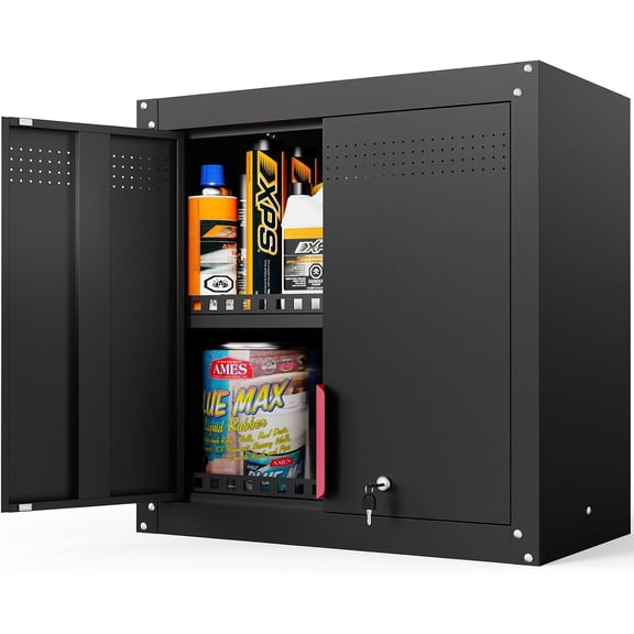 30" Garage Wall Cabinet, Metal Wall Cabinet with Lock & Adjustable Shelf,Heavy-Duty Black Garage Storage Cabinet,Ventilated Metal Wall Cabinets for Workshop & Tools