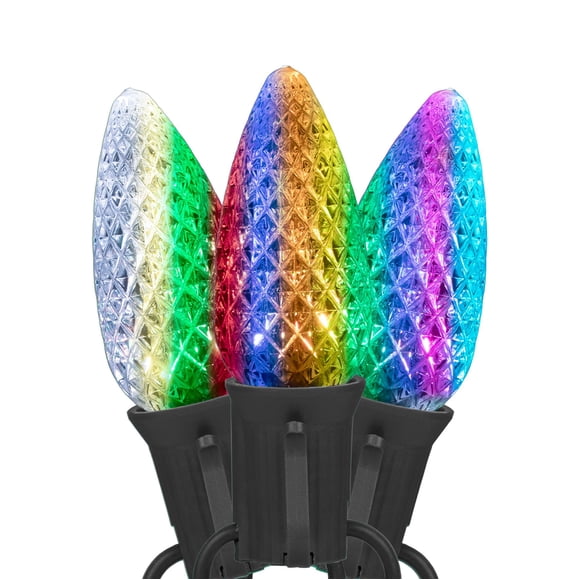Novelty Lights C9 RGBWW Christmas Lights, 25 Feet Color Changing LED String, 25 Bulbs with 7 Colors Plus Dynamic Effects, Commercial Grade Faceted Bulbs with Remote Control, Black Wire