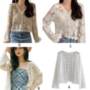 Women Flare Long Sleeve Crochet Cardigan Open Front Hollow Floral Sweater Coat