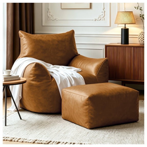 Faux Leather Bean Bag Chair with Armrests, Large Lazy Floor Sofa with Footrest, Comfortable Lounge Couch for Indoor Use