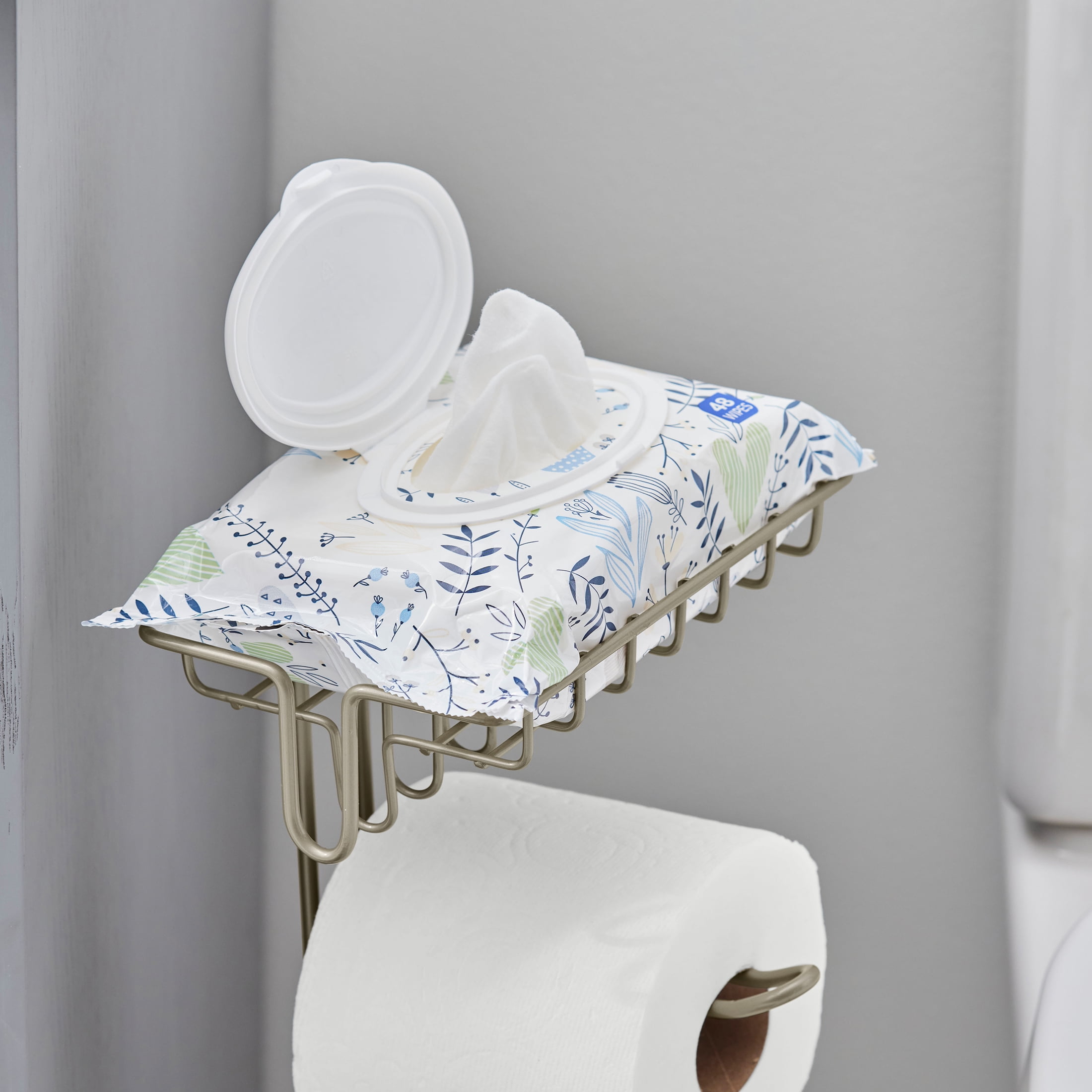 Better Homes & Gardens Free Standing Toilet Paper Holder and Reserves Satin Nickel, Fully Assembled