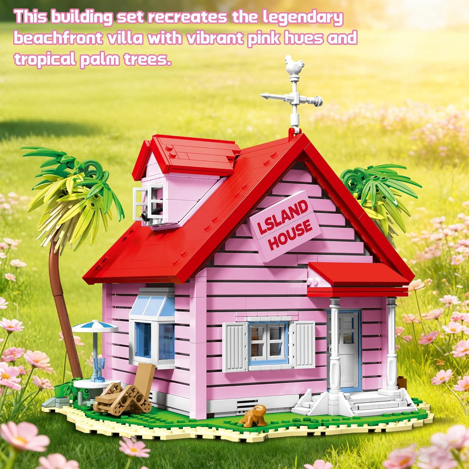 Pink Island House Building Set, Seaside Villa Cabin Compatible with Lego Collection Model Kit 1434PCS