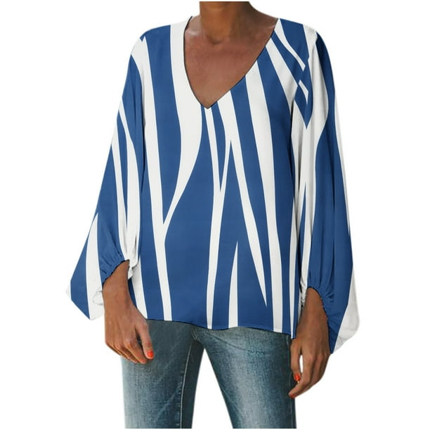 Blusa informal con cuello en V y manga larga abullonada estampada para mujer Fridja czfsfas4759
