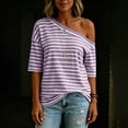 thumbnail image 6 of DeHolifer Women's T-Shirts Casual Off-shoulder Striped Printed Short Sleeve Turtleneck Tops Purple 2XL, 6 of 8