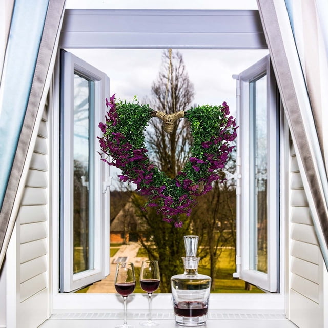 Corona de flores en forma de corazón violeta 22 pulgadas • Dintel de puerta verde de plástico artificial • Decoración exterior colgante para la decoración exterior del festival de bodas
