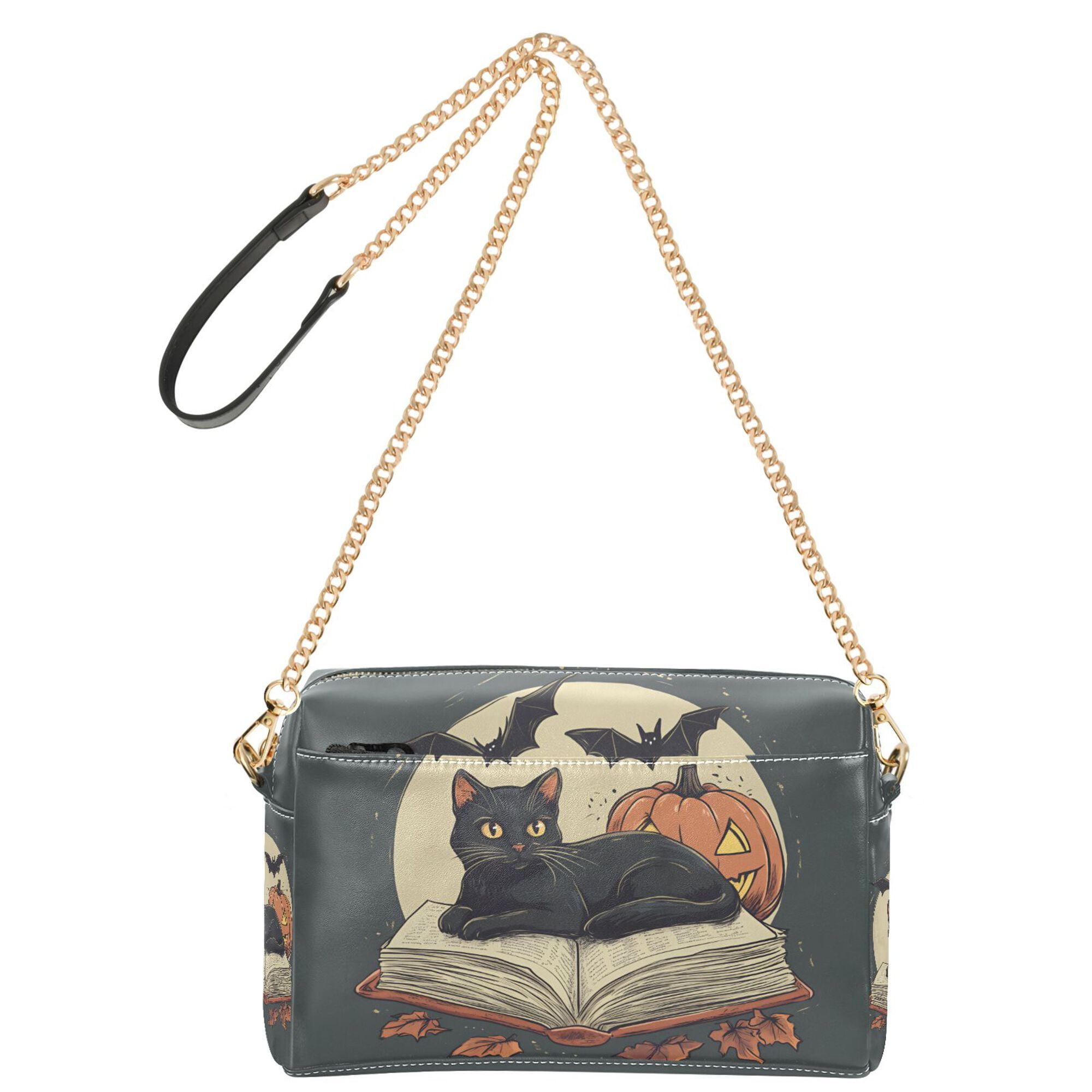 FORMRS Women Crossbody Purse with Chain Strap Vegan Leather Shoulder Handbag, Black Halloween Cat