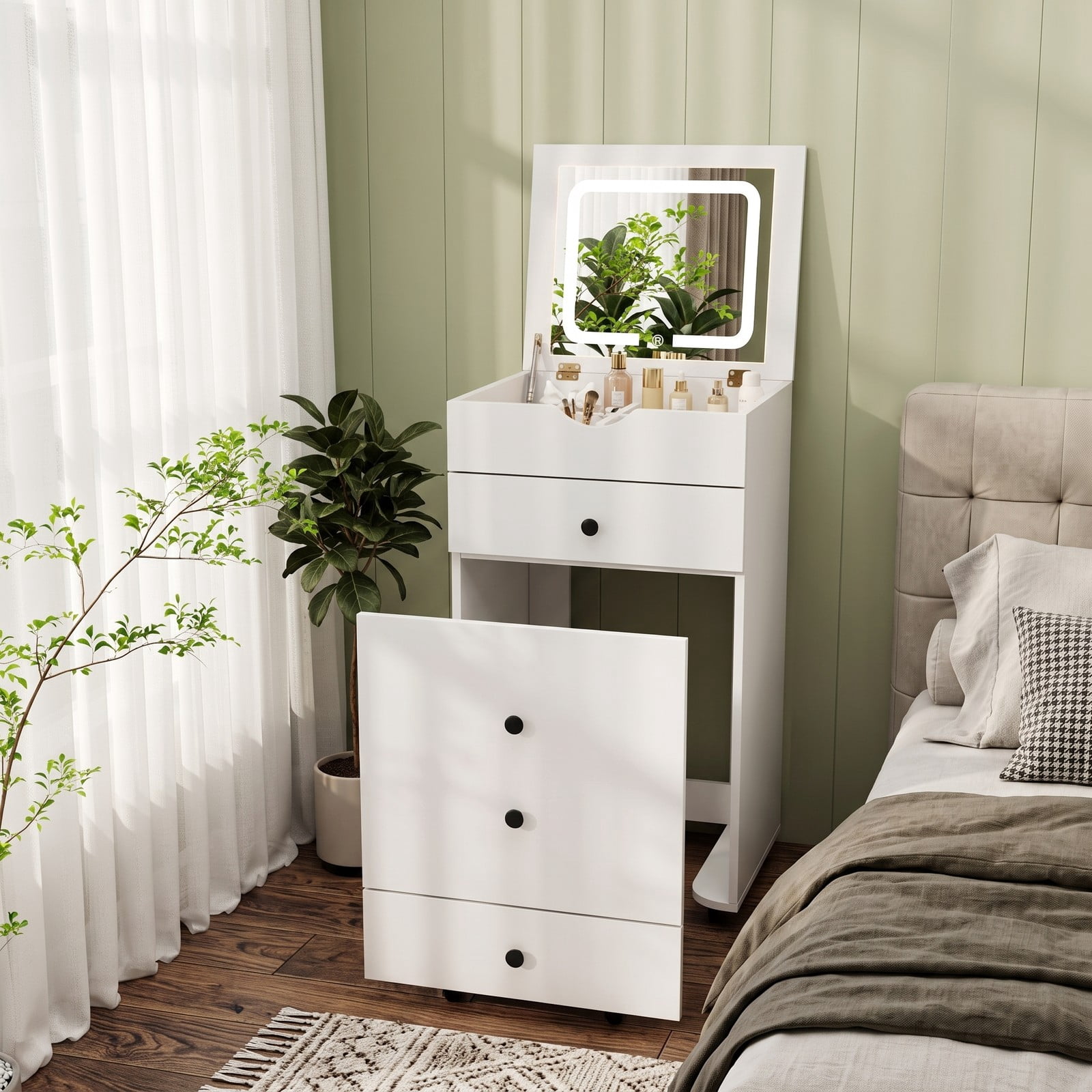 Furnibear 3 in 1 Vanity Set with Flip Up LED Mirror and Rolling Casters and Cushioned Storage Stool for Bedroom and Small Space, White