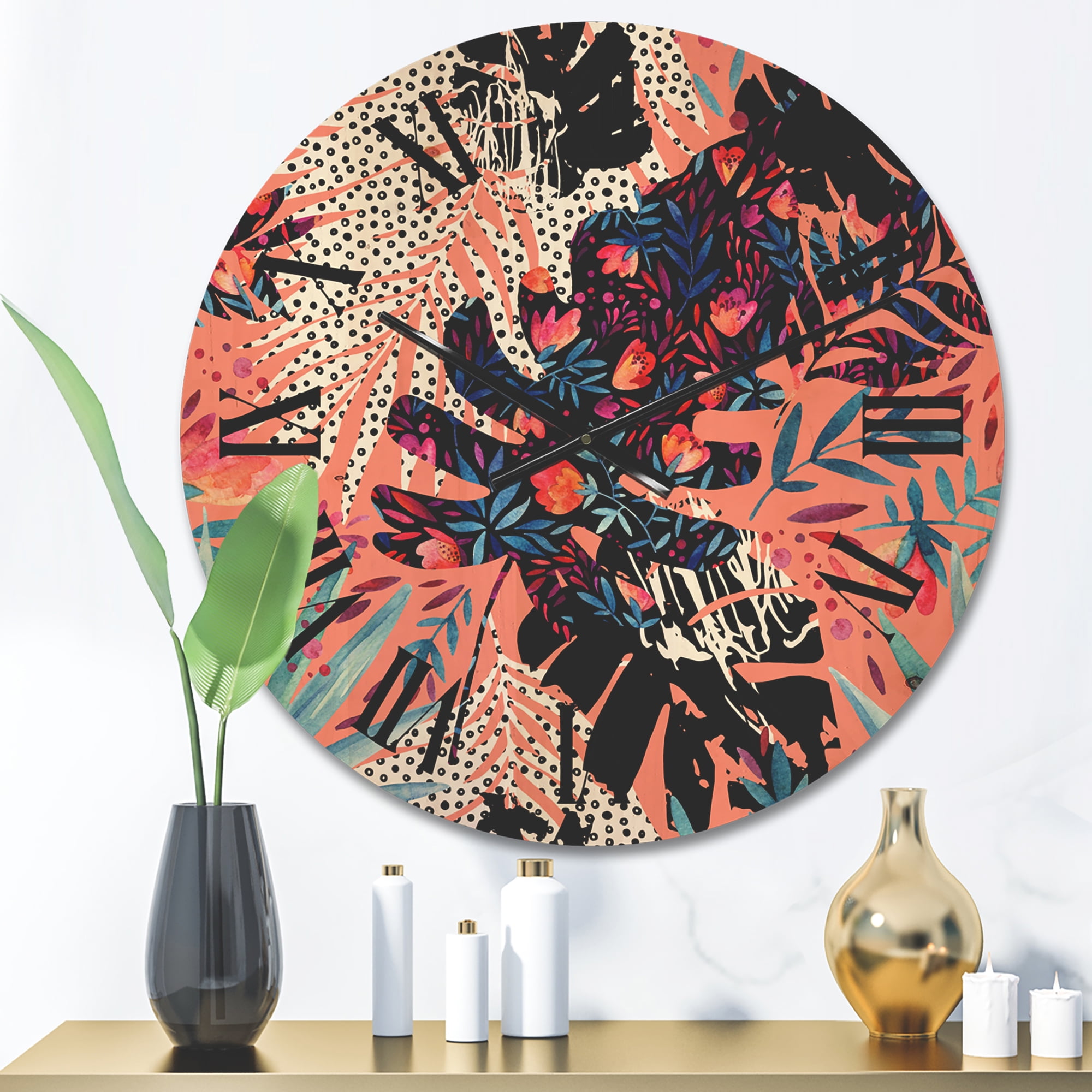 Designart 'Abstract Tropical Floral Patchwork II' Tropical Wood Wall Clock