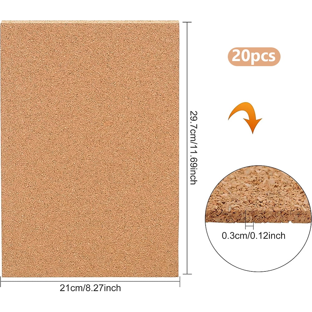 20 PCS A4 Cork Sheets 11.7x8.2 Inch Rectangle Cork Board Tiles for Coasters Wall Art Bulletin Boards(3mm Thick)