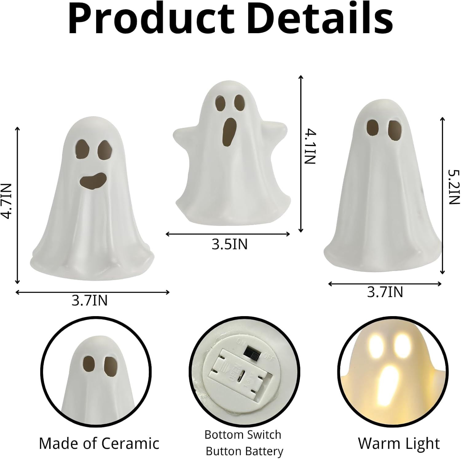 3 Pack Light Up Ceramic Ghost Figurines with Warm Glow for Halloween Decor