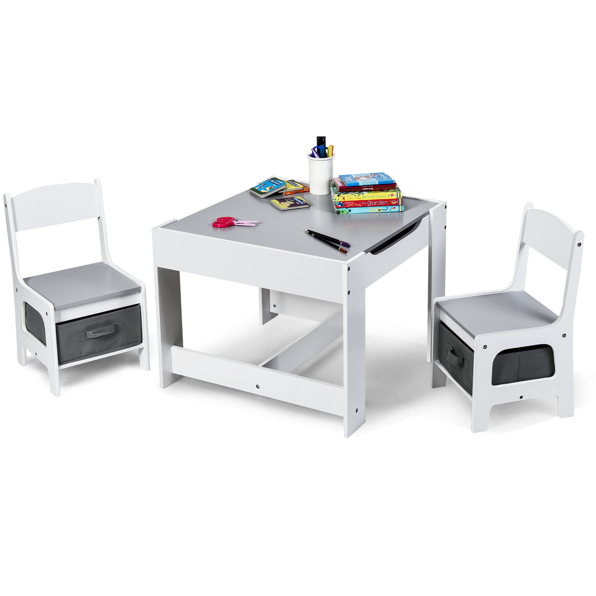 3 in 1 Kids Wood Table Chairs Set w Storage Box Blackboard Drawing Grey