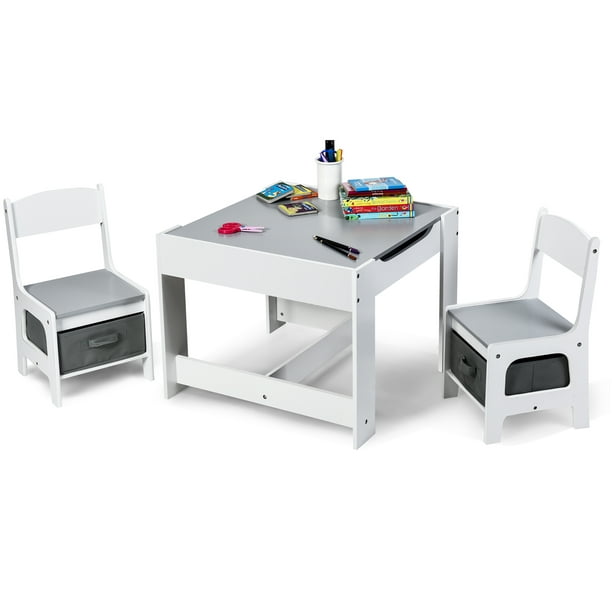 Gymax 3 in 1 Kids Wood Table Chairs Set w/ Storage Box Blackboard Drawing Grey